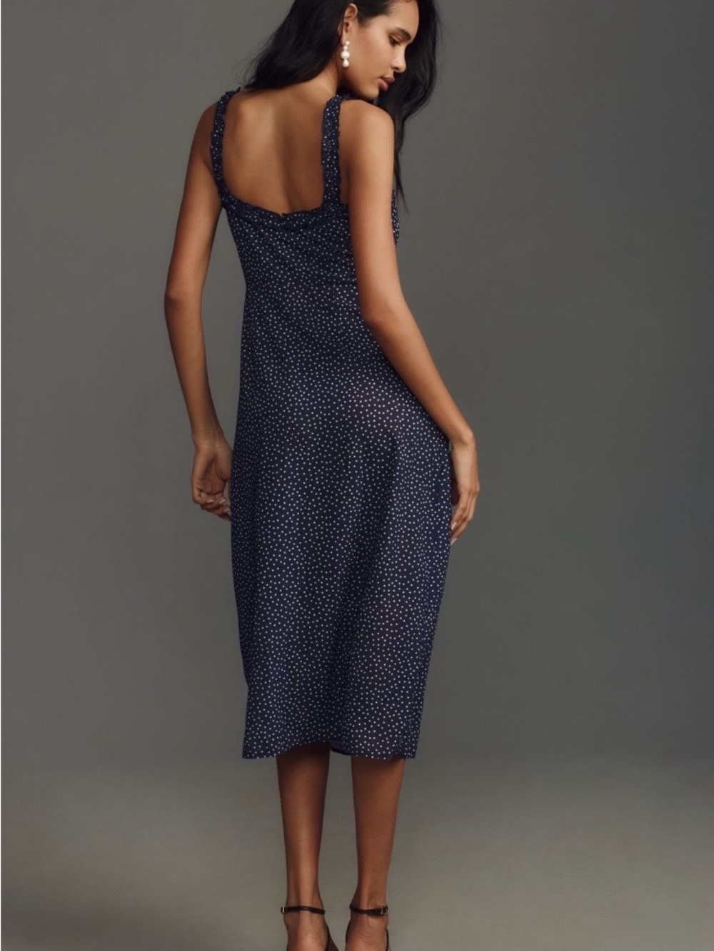 Ruffle-Trim Navy Polka Dot Button-Front Midi Dress by Anthropologie - Picture 3 of 5
